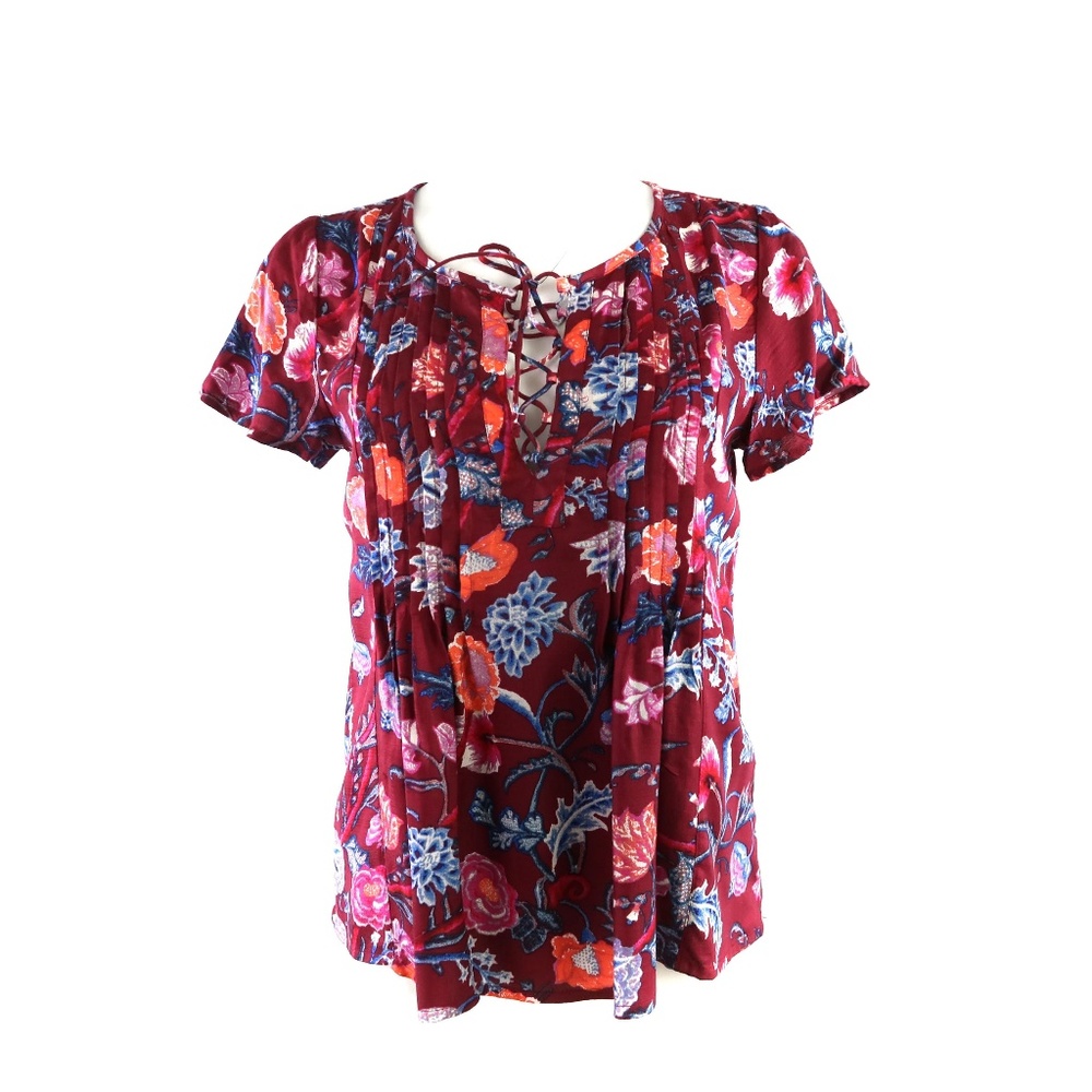 LUCKY BRAND Women's Pleated Floral-Print Top S Red
